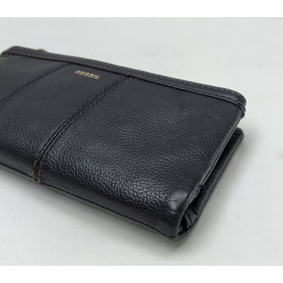 Fossil Black Pebbled Leather Zipper Closure Credit Card ID Window Bifold Wallet - Picture 15 of 15